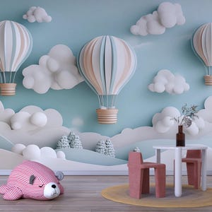 3D Hot Air Balloon Wall Mural – Gender Neutral Cloud Nursery Wallpaper – Baby Shower or Birthday Gift – Dreamy Sky Baby Room Decor