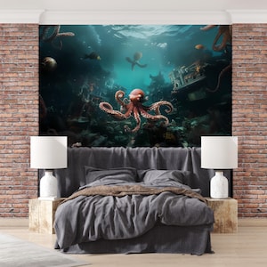 Octopus Wall Mural - Underwater Ocean Wallpaper - Marine Life Wall Art - Peel and Stick Octopus Decor - Deep Sea Wall Mural Bedroom Vn009