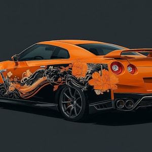 Emballage floral orange pour voiture - Emballage auto en vinyle personnalisé avec motif floral noir et orange - Graphisme voiture de sport - Cadeau élégant pour lui - Emballage automobile