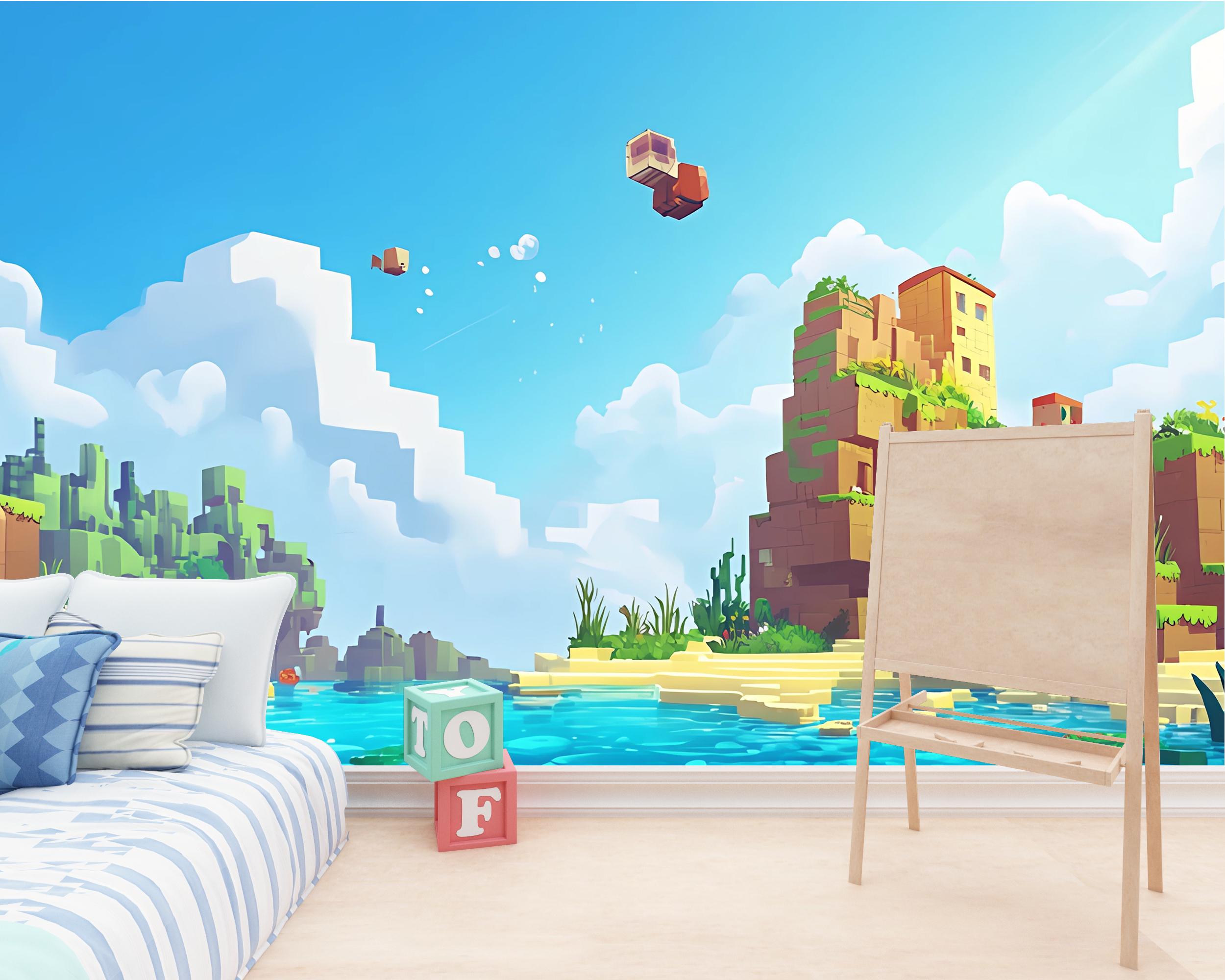 Blocks Ocean Wall Mural for Kids – Pixel Art Adventure Room Decor ...