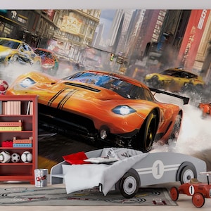 Rennauto Tapete Jungen / Rennstrecke Wandbild / Wandbild Kinderzimmer Schälen und aufkleben / Sportwagen Kinderzimmer Tapete