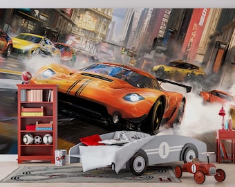Racewagenbehang voor jongens / Muurschildering racebaan / Peel-and-Stick autokamerdecor / Kinderbehang sportwagen / Verwijderbare muurkunst