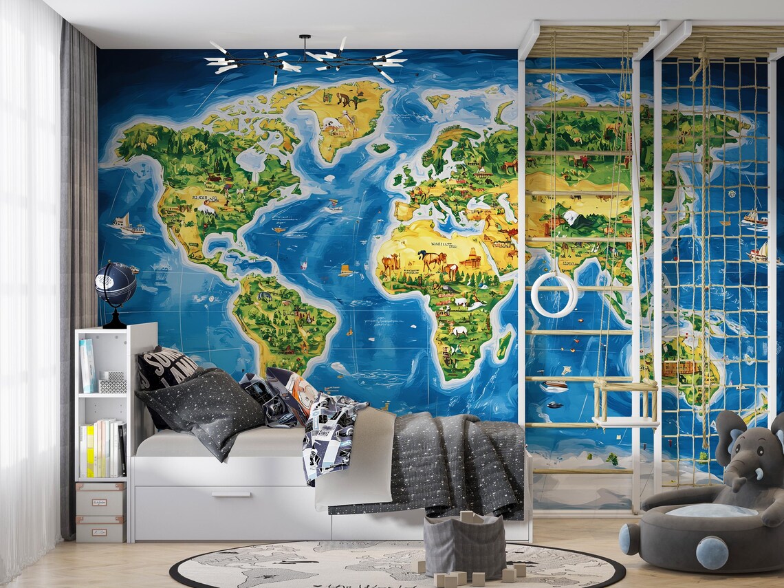 Illustrated Kids World Map Mural – Peel and Stick Educational Wallpaper ...