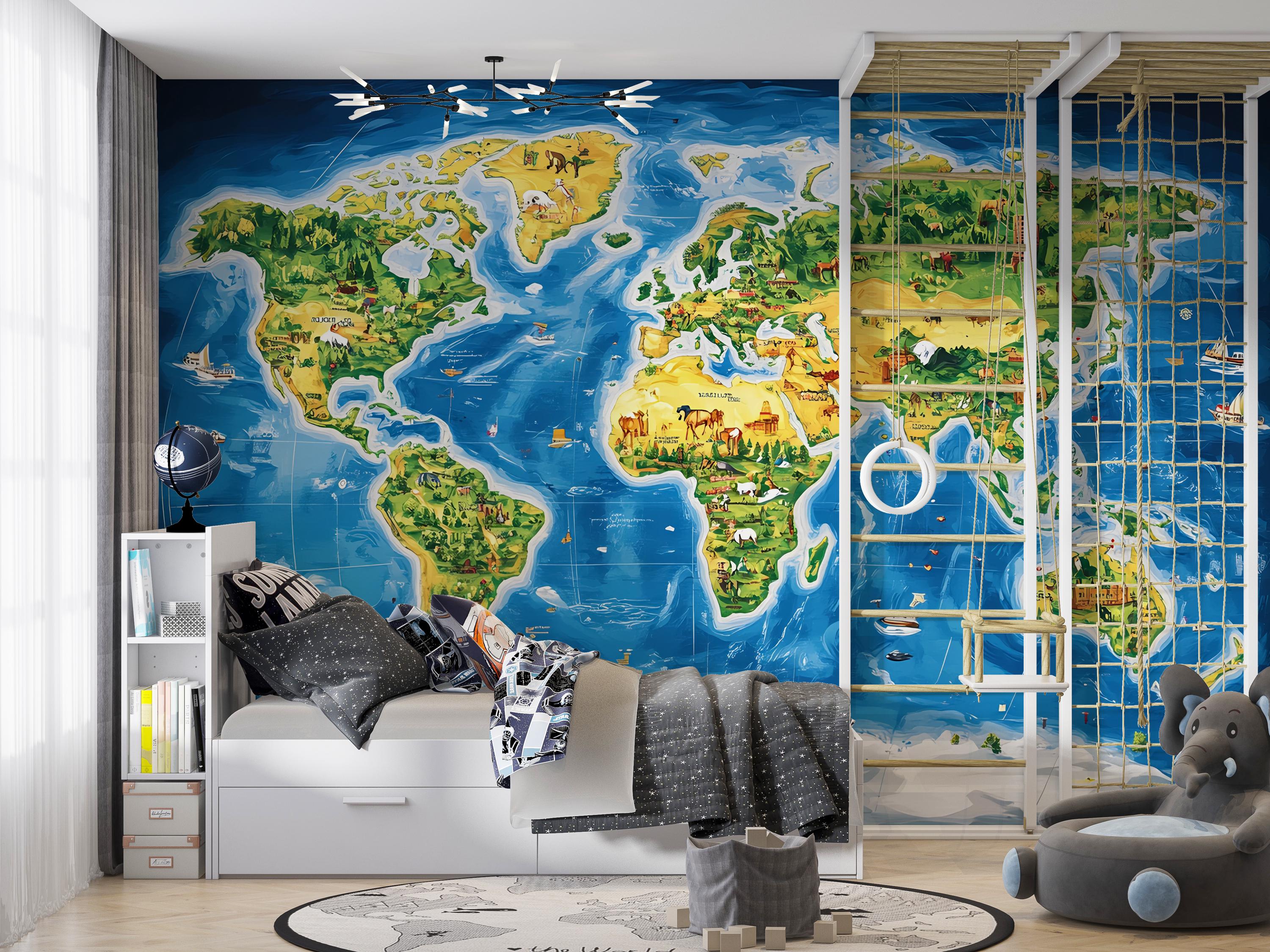 Illustrated Kids World Map Mural – Peel and Stick Educational Wallpaper ...