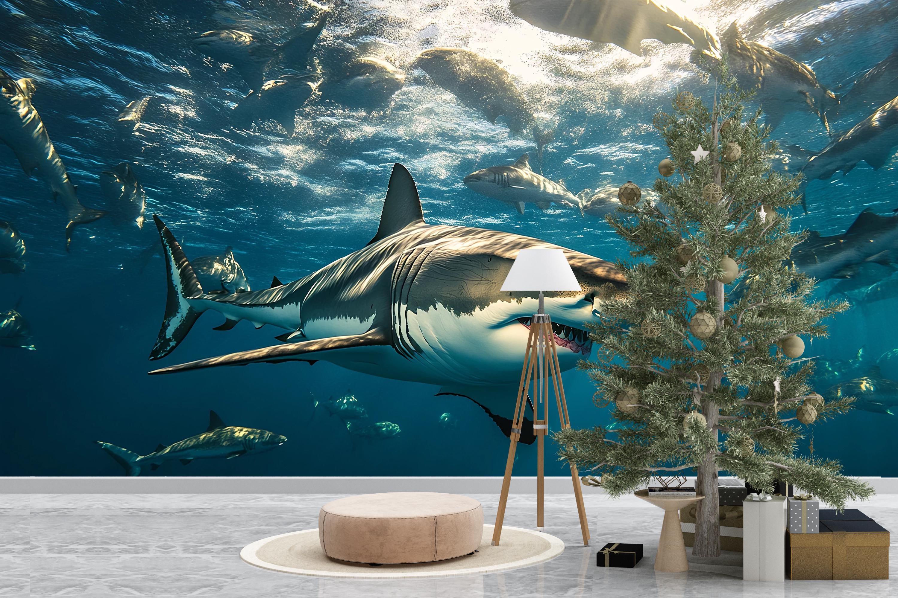 サメの壁画 – リアルな3Dの海の風景の壁紙 – オフィス、リビングルーム