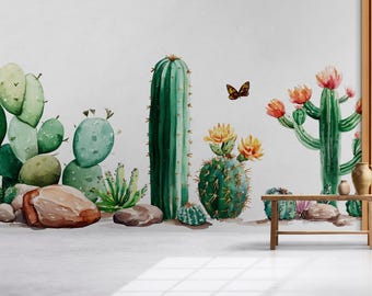 Kaktus Wandtattoo • Aquarell Wüste Pflanzen Wandbild • Boho Southwestern Wandkunst • Peel Stick Aufkleber Set • Abnehmbares Kinderzimmer & Home Decor