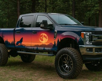 Wolf Mond Sonnenuntergang Auto Wrap | Wald Silhouette Vinyl | Wildtier Nachtszene Fahrzeugverpackung | Natur Abenteuer Design | Outdoor Landschaftsverpackung