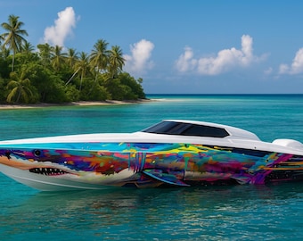 Abstract Rainbow Shark Boat Wrap – Vibrant Custom Marine Vinyl Design for  Sport Boats, Cigar Boats & Offshore Racers