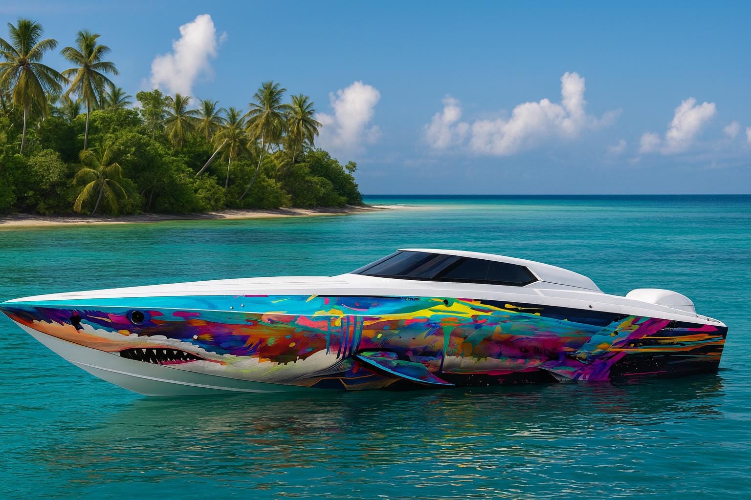 cigarette boat wraps Abstract Rainbow Shark Boat Wrap – Vibrant Custom Marine Vinyl Design for  Sport Boats, Cigar Boats & Offshore Racers | Colorful Shark Boat