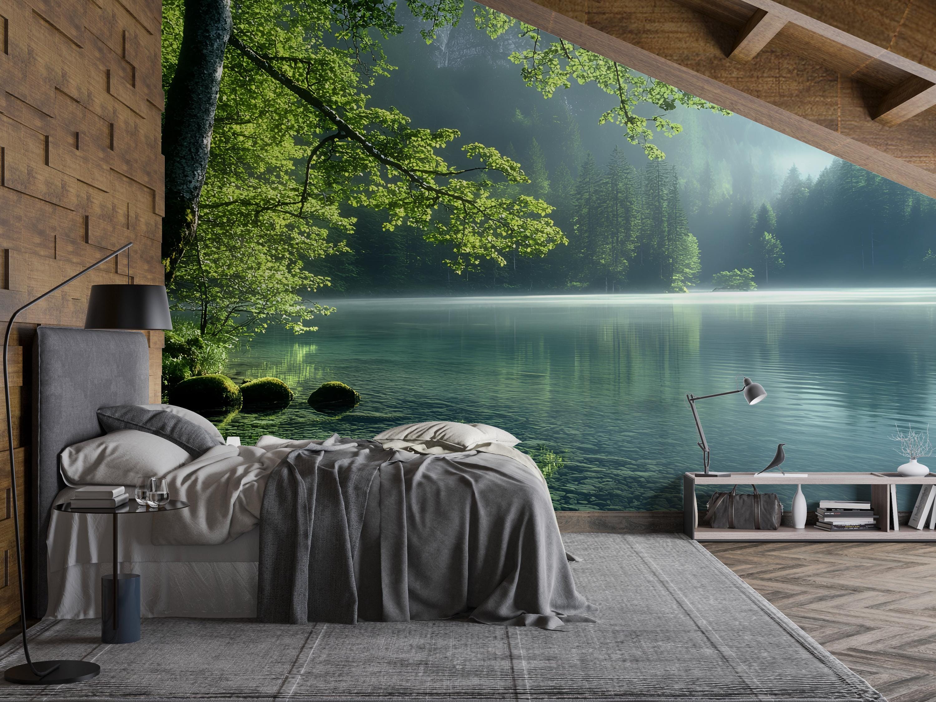Forest Lake Wall Mural – Serene Nature Landscape Wallpaper – Misty Pine ...