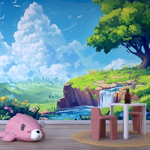 3D-behang cartoon waterval voor kinderkamer – grillige natuurscène met boom, rivier en wolken – babykamer of cadeau voor babyshower