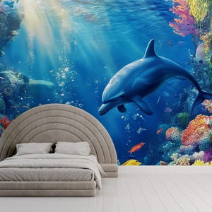 Underwater Dolphin Wall Mural – 3D Ocean Coral Reef Wallpaper – Peel & Stick Sea Life Decor for Kids Room or Beach Home