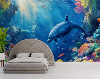 水中イルカの壁画 – 3Dオーシャンサンゴ礁壁紙 – 子供部屋やビーチ