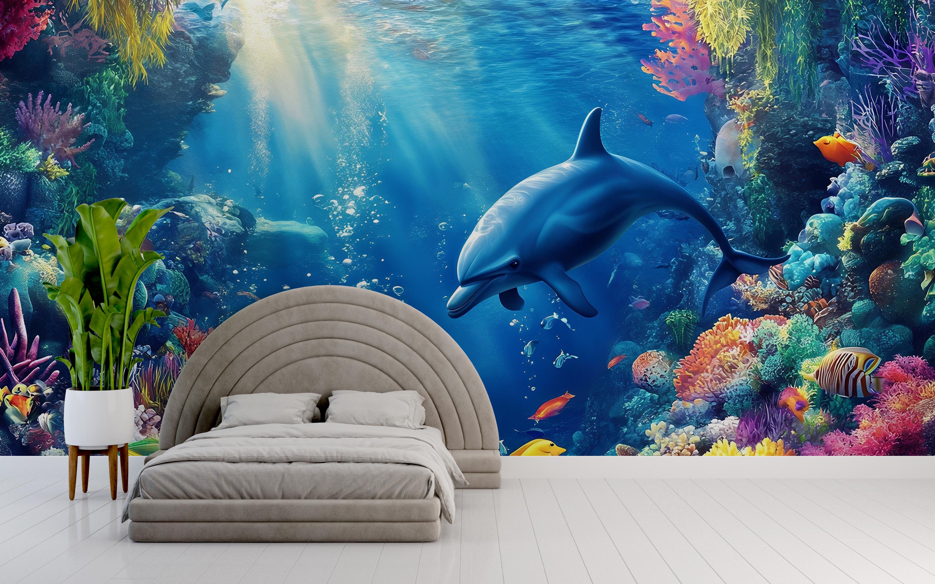 水中イルカの壁画 – 3Dオーシャンサンゴ礁壁紙 – 子供部屋やビーチ