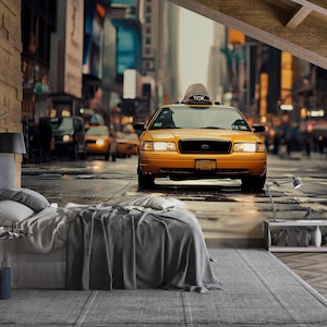 New York City Taxi Wall Mural Wallpaper – 3D Effect Yellow Cab Street Scene Wall Decor – Modern Bold Room Accent Stylish Gift for Urban