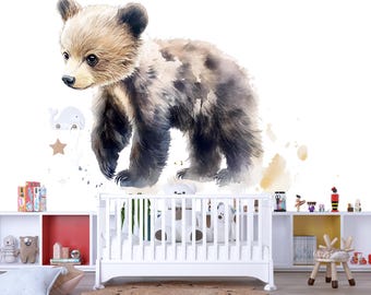 Baby Bär Wandtattoo Aquarell Aufkleber | Waldtier Wand Kunst für Baby Zimmer | Abnehmbares Kinderzimmer Dekor