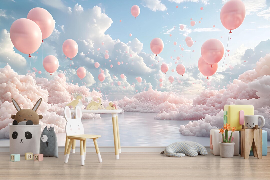 3D Pink Balloon Cloud Wall Mural – Dreamy Sky Wallpaper for Nursery ...