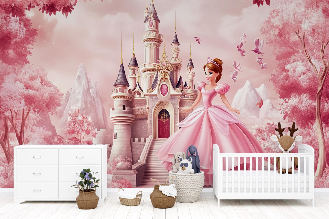 Princess Castle Wall Mural – Pink Fairy Tale Wallpaper for Girls ...