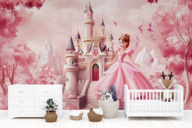 Princess Castle Wall Mural – Pink Fairy Tale Wallpaper for Girls ...