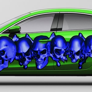 Tribal Skulls Racing Stripes Vinyl Decal, Skulls Car Wrap, 3D Pirate Skull Full Color Car Vinyl Design, Skull Car Vinyl Sticker, Car Decal