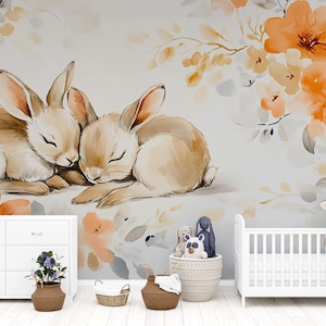 Sleeping Bunnies Nursery Wall Mural – Baby Room Decor – Floral Bunny Mural – Gender Neutral Playroom – Baby Shower Gift – Kids Room Art