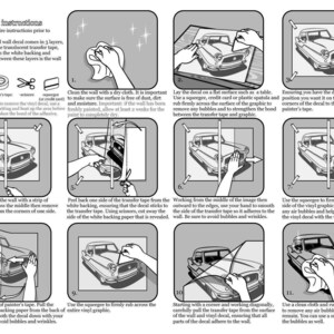 May include: A step-by-step guide on how to install a vinyl wall decal. The instructions include cleaning the wall, applying the decal, smoothing out air bubbles, and removing the transfer tape.