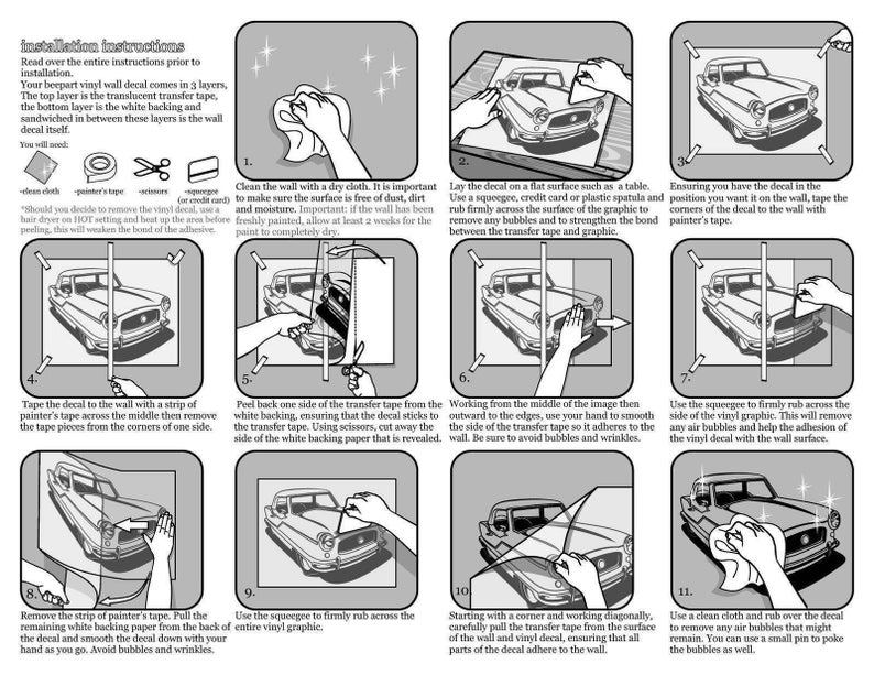 May include: A step-by-step guide on how to install a vinyl wall decal. The instructions include cleaning the wall, applying the decal, smoothing out air bubbles, and removing the transfer tape.