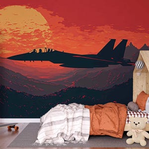 Fighter Jet Sunset Wall Mural – Boys Bedroom Military Plane Wallpaper – Red Sky Aviation Mural – Peel and Stick or Non-Woven Wallpaper