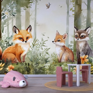 Papier peint renard des bois pour chambre d&#39;enfant - Papier peint animal de la forêt avec autocollant ou non tissé - Papier peint forêt pépinière avec renard et raton laveur