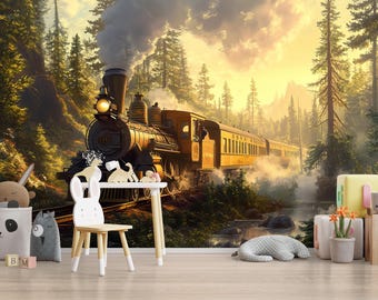 Watercolor Steam Train Forest Wallpaper / Vintage Train Wall Mural / Peel and Stick Boys Room Decor / Woodland Locomotive Nursery Art