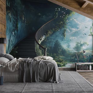 May include: A bedroom with a large mural depicting a winding staircase leading into a lush, green forest. The bed is covered with a gray blanket and pillows. A modern floor lamp and a side table are also visible.