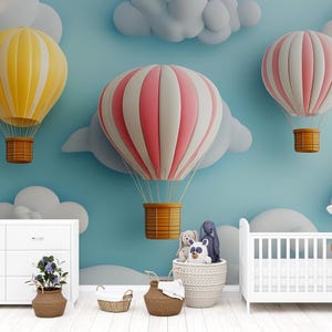 Hot Air Balloon Wall Mural – 3D Pastel Cloud Nursery Wallpaper for Baby Room, Kids Bedroom Decor – Peel & Stick or Non-Woven