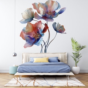 Watercolor Flower Wall Decal / Floral Peel and Stick Mural / Removable Flower Wall Art / Boho Nursery Wall Decor / Pastel Botanical Decal