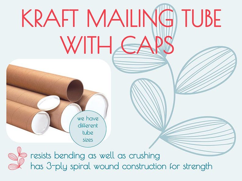 May include: Brown kraft paper mailing tubes with white plastic end caps. The tubes are stacked on top of each other. Text on the image reads "KRAFT MAILING TUBE WITH CAPS" and "we have different tube sizes". Text below the image reads "resists bending as well as crushing has 3-ply spiral wound construction for strength".