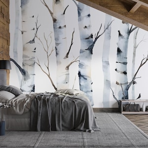 Minimalist Birch Tree Wall Mural – Scandinavian Forest Watercolor Wallpaper | Peel and Stick Mural for Bedroom or Living Room