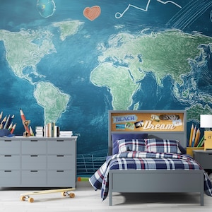 Weltkarte Wandbild für Kinder - Kreidetafel-Stil zum Abziehen und Aufkleben von Tapeten - Lern- oder Schlafzimmerdekor für Lern- oder Schlafzimmer