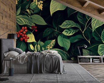 Green Botanical Wallpaper / Leaf Wall Mural Peel and Stick / Nature Inspired Wall Art / Removable Plant Wallpaper / Jungle Wall Decor