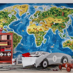 Décoration murale illustrée de carte du monde pour enfants - Papier peint éducatif autocollant - Art mural géographie pour décoration de chambre de garçon, de classe ou d'école à la maison