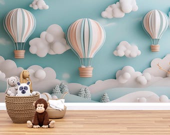 3D Hot Air Balloon Nursery Mural – Gender Neutral Pastel Wallpaper, Kids Room Cloud Wall Art, Removable Peel and Stick Vinyl Decor