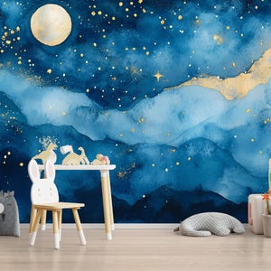 Elegante carta da parati per cameretta dei bambini con luna e stelle - Carta da parati 3D con cielo notturno per cameretta dei bambini, sfondo per culla, celeste neutro