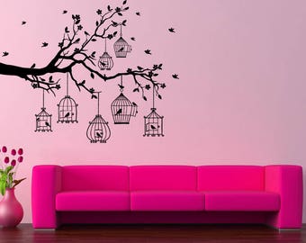 Birds On Tree Wall Decals Tree Branch Wall Stickers Colorful Birds Tree Decals DIY Removable Colorful Flying Bird Tree Wall Art Decor VG124