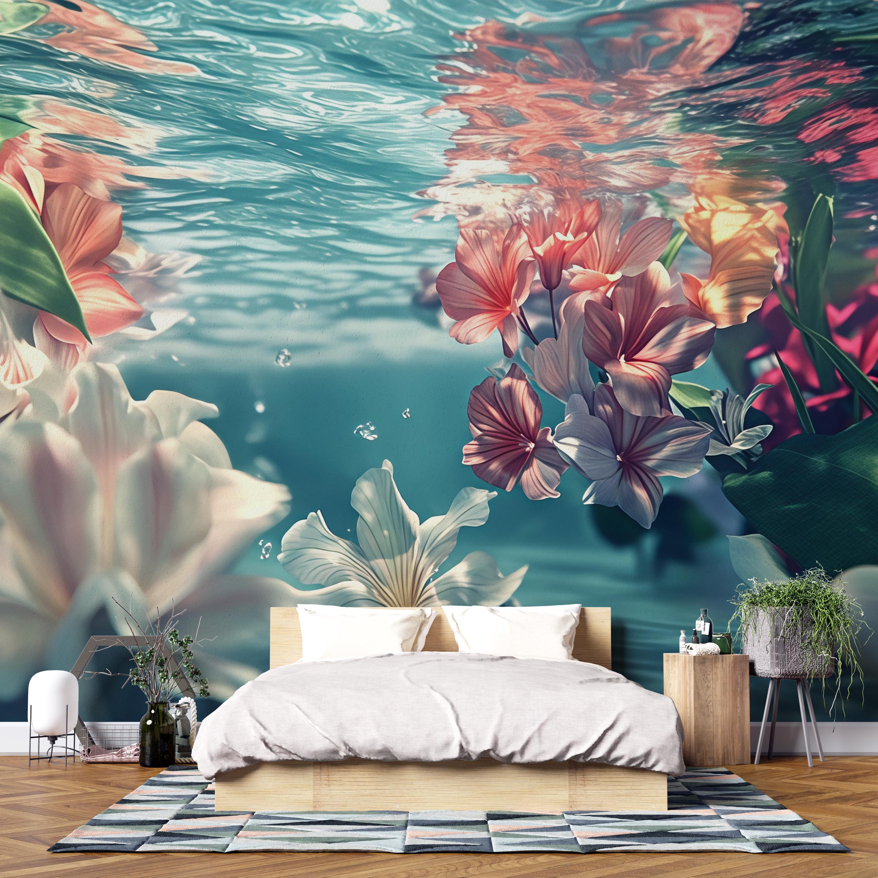 3D Underwater Floral Bedroom Mural - Modern Blooming Wall Art - Serene Nature-Inspired Decor - Stylish Gift for Birthdays or Holidays