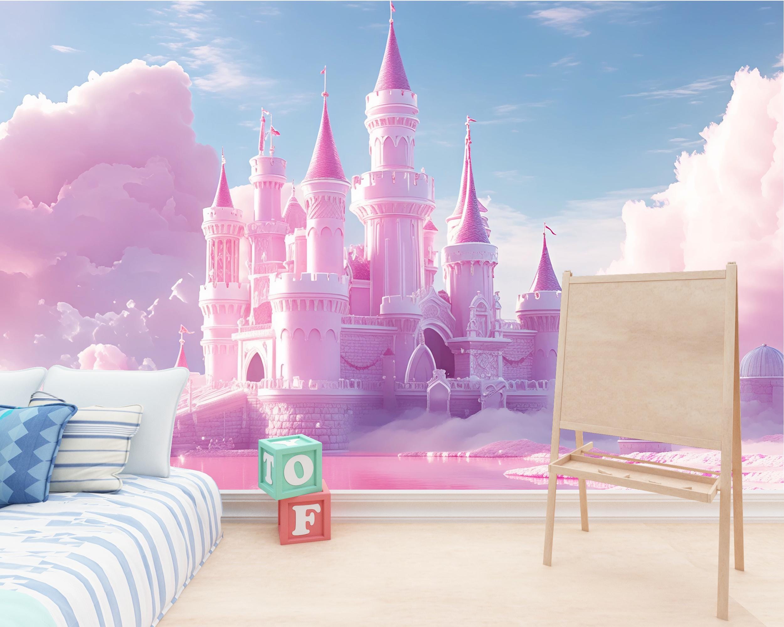Pink Castle Wall Mural – Fantasy Cloud Kingdom Wallpaper for Kids Room ...