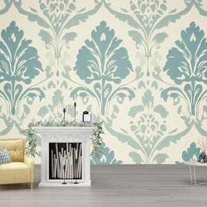 Aqua Blue Victorian Damask Wallpaper Mural – Elegant Pastel Wall Art – Light Baroque Bedroom Accent – Vintage-Inspired Decor – Stylish Gift