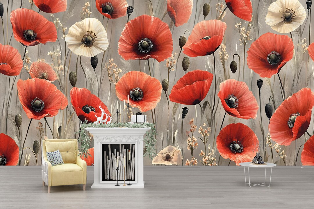 Red Poppy Floral Wall Mural – Vintage Botanical Wallpaper – Elegant ...