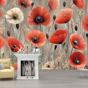 Red Poppy Floral Wall Mural – Vintage Botanical Wallpaper – Elegant ...