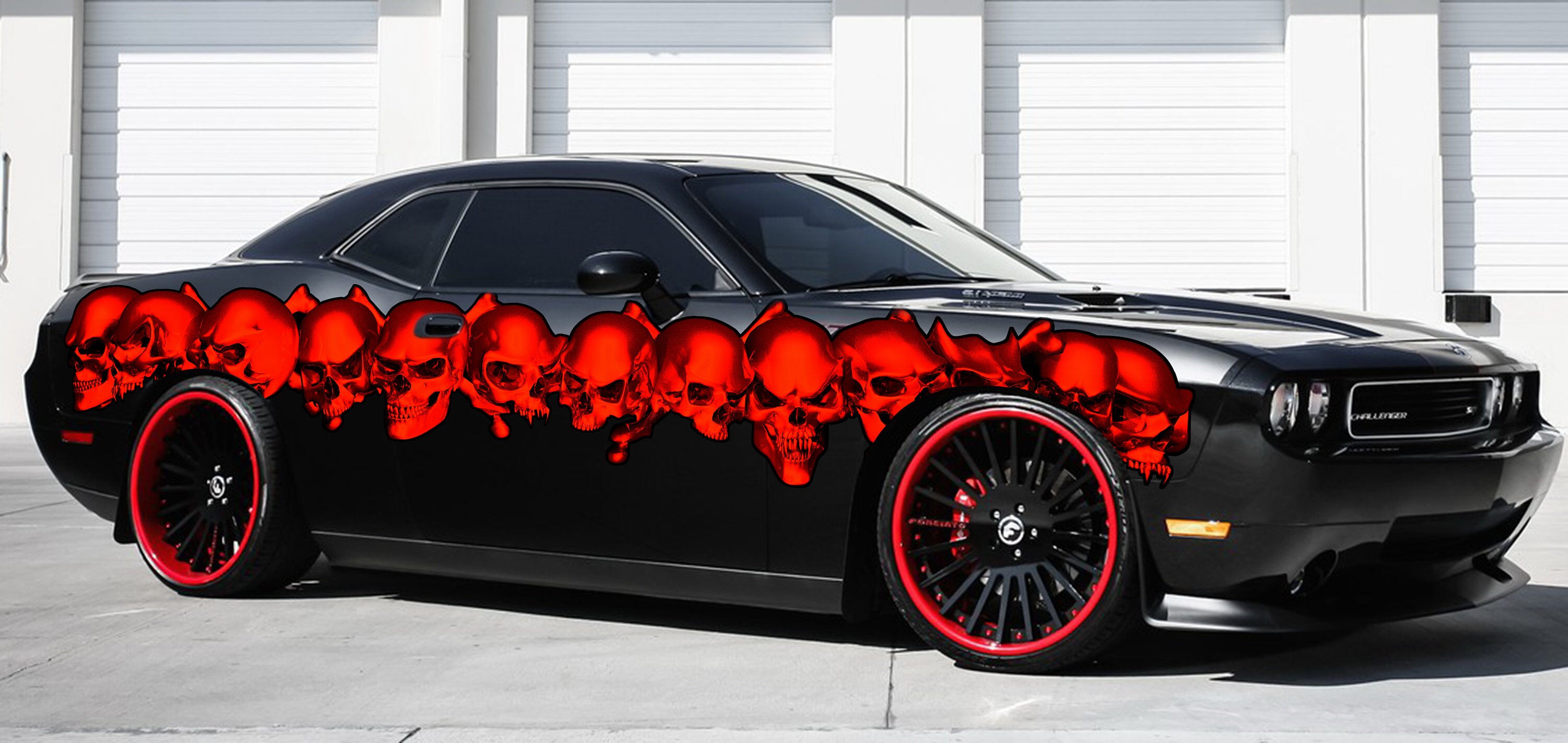 Tribal Skulls Racing Stripes Vinyl Decal, Pirate Skull Full Color Car