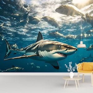 Shark Wall Mural – 3D Realistic Ocean Scene Wallpaper – Great White Shark Decor for Office, Living Room, or Man Cave – Peel and Stick