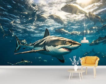 サメの壁画 – リアルな3Dの海の風景の壁紙 – オフィス、リビングルーム、または男の隠れ家のためのホオジロザメの装飾 – 剥がして貼るだけ