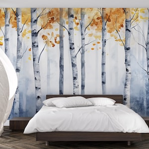 Watercolor Birch Tree Wall Mural – Autumn Forest Peel and Stick Wallpaper | Modern Scandinavian Nature Wall Art for Bedroom & Living Room